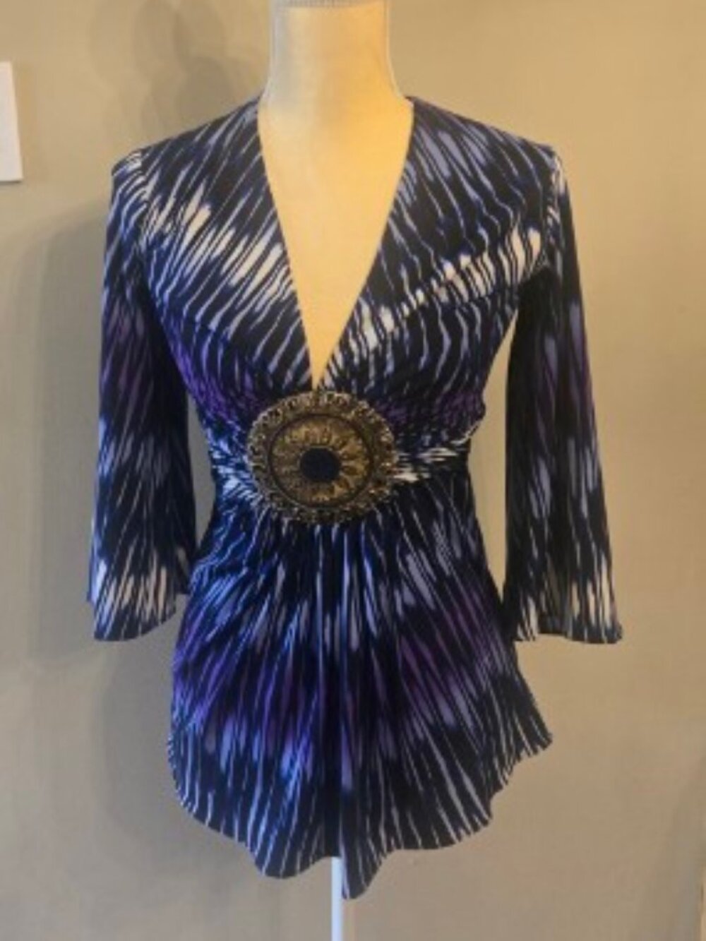 Sky Bohemian Purple Ikat Medallion Top - Flared Split Sleeves - Size Small